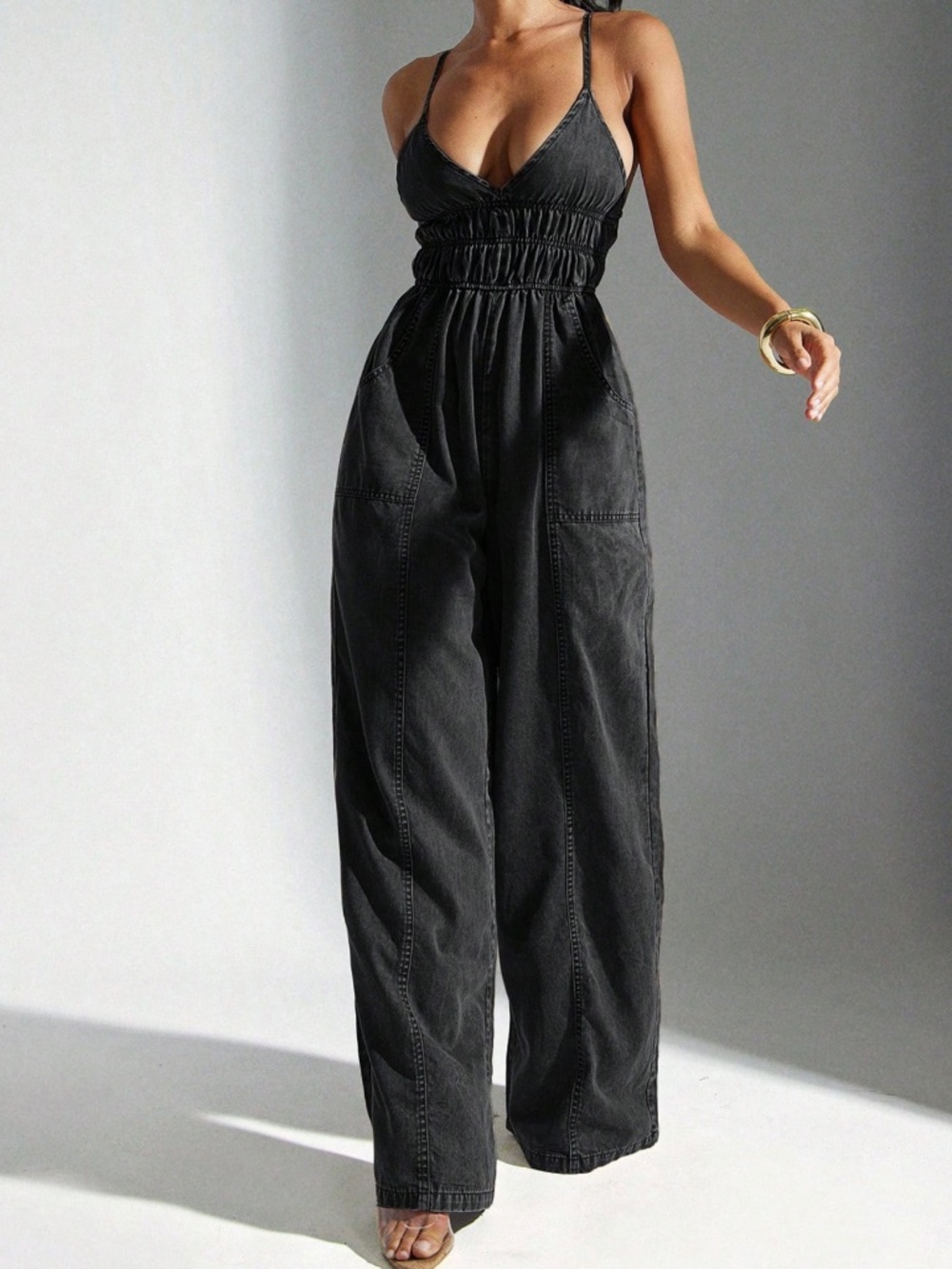 Mineral Wash Plunging Neck Cami Pockets Wide leg Jumper Jumpsuit